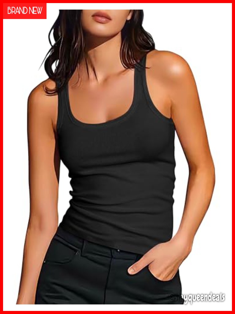 Women's Sleeveless Cotton Fitted Tank Top Scoop Neck Ribbed Knit Cami Shirt